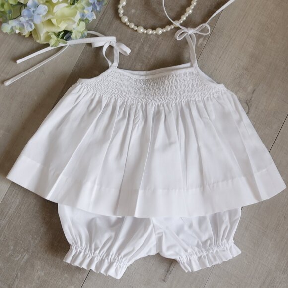 White Smocked Feltman Brothers Two Piece Set Blue Embroidery NWT - Picture 4 of 5